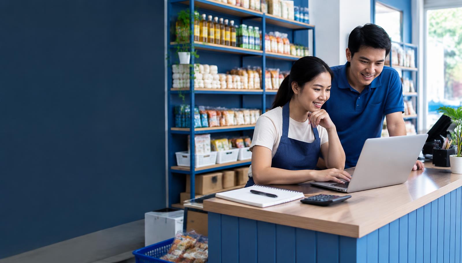 Business owners reviewing records in a small Philippine retail shop
